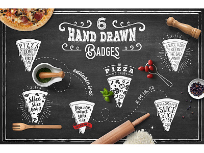 In Pizza We Crust. Hand Drawn Badges