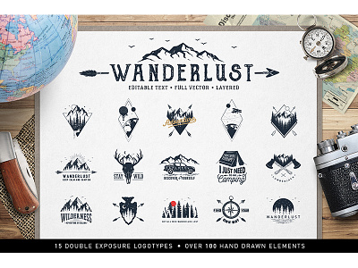 Wanderlust. Double Exposure Logos adventure badges creativemarket double exposure grunge hand drawn hipster logo travel trend vintage wandelust