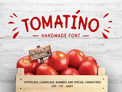 Tomatino - Handmade Font bio drawn font eco farm food grunge hand drawn font handcrafted hipster font ketchup lettering market modern font organic sans serif tomatoes type typeface typography vegetables
