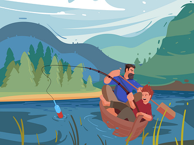 Father and son animation design environment fishing flat illustration river vector
