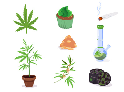 Set cannabis stuff canabis design flat illustration vector