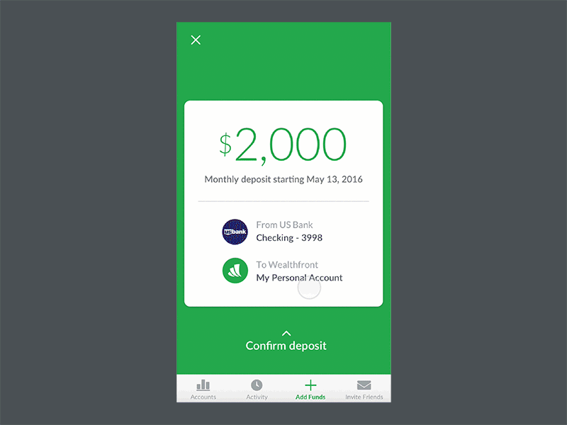 Swipe up and deposit confirmation deposit finance gesture interaction mobile mobile app swipe wealthfront