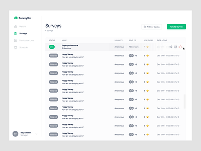 SurveyBot - Surveys Page Design app design app ui application dashboard survey app surveys ui design uidesign user interface user interface design userinterface web app