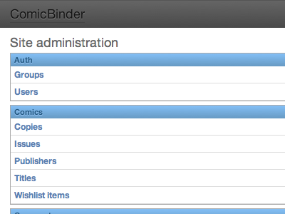 Django Admin Tweaks blue comicbinder django grey