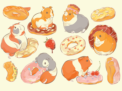 Guinea Pig Donuts animal baked goods character concept art cute cute animals design design agency donuts drawing food guineapig illustration pastel social content sweets