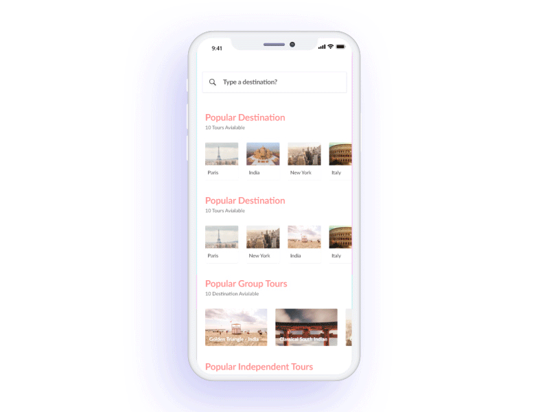 Tour Search Interaction adobe xd aftereffect animation card guide interaction iphonex search tour travel ui ux