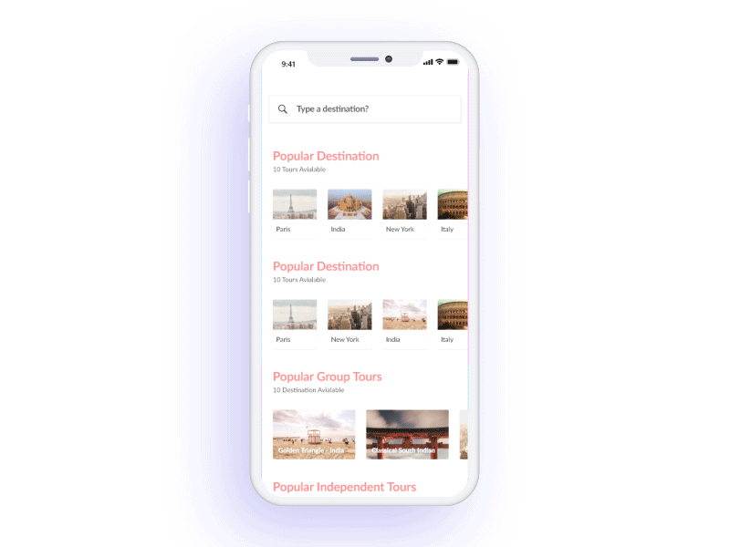 Tour Search Interaction ux ui travel search tour iphonex interaction guide card animation aftereffect adobe xd