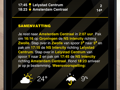 SnelTrein interface design: Travel summary with weather forecast design interface mobile public transport ui ux weather
