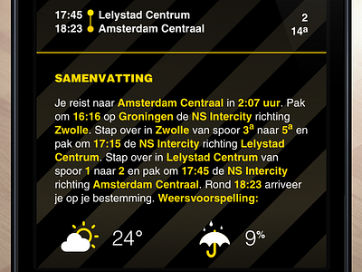 SnelTrein interface design: Travel summary with weather forecast