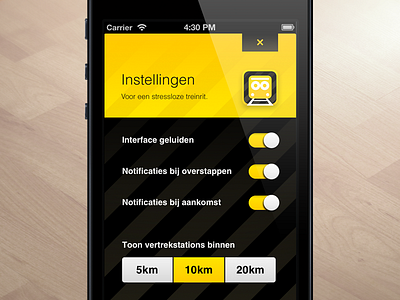 SnelTrein interface design: Settings