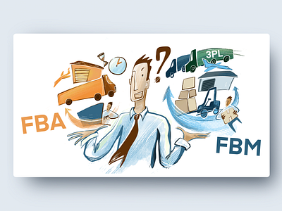 FBA vs FBM shipping blue business illustration businessman decisions e commerce e shop ecommerce online sales online trading orange shipping shipping management trading trucks