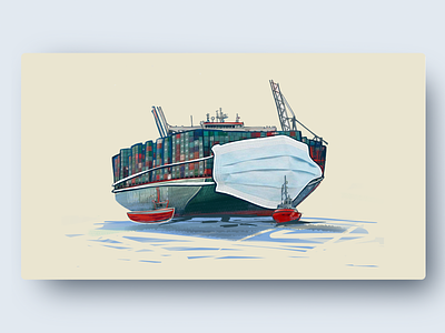 Container ship with a mask 2020 2020 trend blue business illustration container ship green international shipping companies international trade medical mask pandemia pandemic surgical mask yellow
