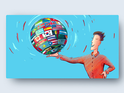 Man with a earth globe in his hand blog post business illustration businessman clean style earth earth globe flags global illustration for blog illustration for web international man modern illustration online sales online shop vibrant colors