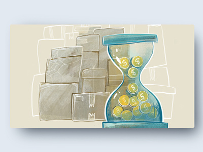 Sand clock full with coins blog post blue and sepia boxes bright colors business illustration classical illustration classical style coins glass clock light colors online sales online shop pastel colors pastel colours storage time is money warehouse