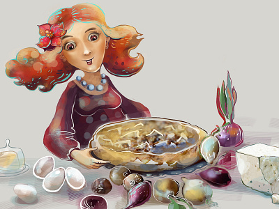 young girl cooking cheese cooking eggs food girl illustration onion woman