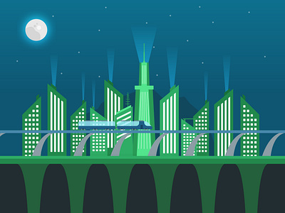City Night blue city flat futuristic glow green lights moon vector