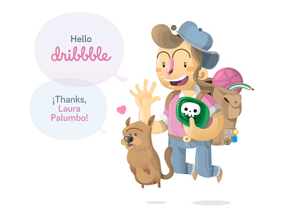 Hello Dribbble! bag cartoon comic debut dog skull vector