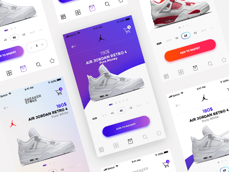 Jordan Retro 4 e-commerce App Concept 7ninjas animation app clean ecommerce ios marcinrumierz minimal mobile shoes shop store