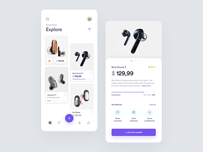Group Buy App app application blue cards clean concept design figma ios iphone minimal mobile app product product page purple store swipe technology ui ux