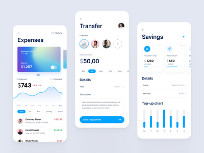 Banking App app balance bank banking blue business chart clean colors contacts credit card dashboad finance input ios mobile money transaction ui ux