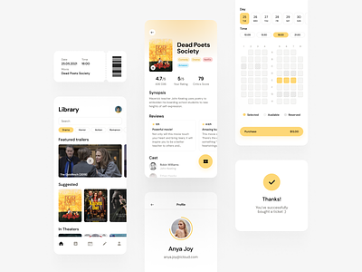 Movie Rating & Ticket Booking App app booking cards cinema clean dashboad ios layout minimal mobile modern movie navigation profile social media ticket ui ui ux ux yellow