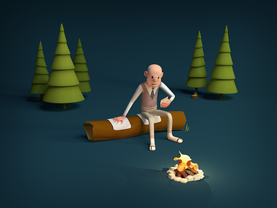 sad camper 3d c4d campfire camping cartoon cartoon illustration forest grandpa illustration lonely sad
