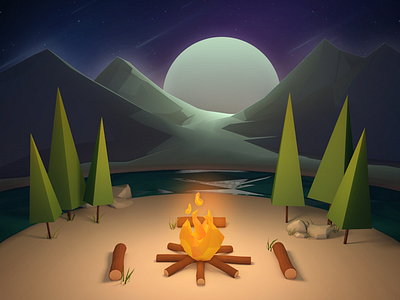 Campfire 3d campfire fire low poly moon mountain night