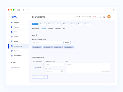 Course page settings (admin panel) admin panel back office college online course settings digital product online course online education product design ui ux web