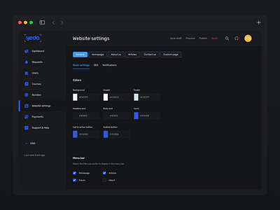 Website settings (admin panel), dark mode admin panel back office college online dark mode dark theme ui digital product online education product design ui ux web