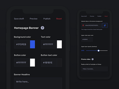 Homepage banner constructor (admin panel), dark mode admin panel back office banner settings college online digital product online education product design ui ux web