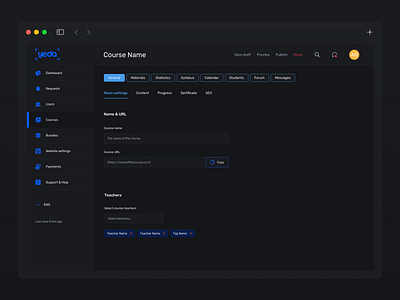 Online course settings (admin panel), dark mode admin panel back office college online course settings digital product online education product design ui ux web