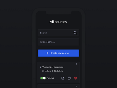 List of courses (admin panel), dark mode admin panel back office college online course settings digital product online education product design ui ux web