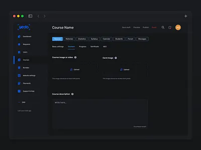 Course page settings (admin panel), dark mode admin panel back office college online course settings digital product online education product design ui ux web