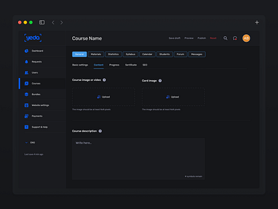 Course page settings (admin panel), dark mode admin panel back office college online course settings digital product online education product design ui ux web