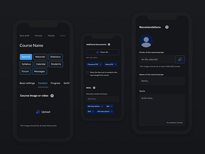 Course page settings (admin panel), dark mode admin panel back office college online course settings digital product online education product design ui ux web