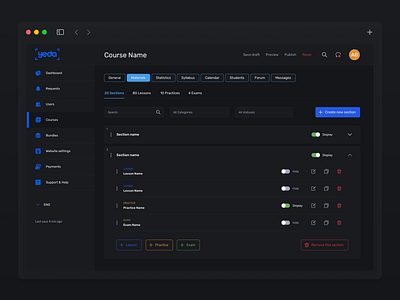 Course sections settings (admin panel), dark mode admin panel back office college online course settings digital product online education product design ui ux web