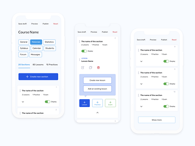 Course sections settings (admin panel) admin panel back office college online course settings digital product online education product design ui ux web