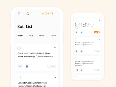 Created bots list (automation system) admin panel automation back office bot digital product product design ui ux web workflows