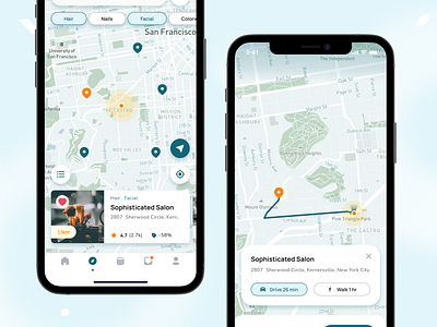 Beautilly App - Map and Direction app beauty design direction girl green healthcar location map minimal mobile app modern route salong skin ui ui design ux wellness yellow