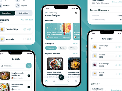 Recipely - Food Recipe App UI Kit app checkout cooking delivery design food healthy homescreen illustration meal minimal mobile app modern nutrition payment recipe seach ui ui design ux