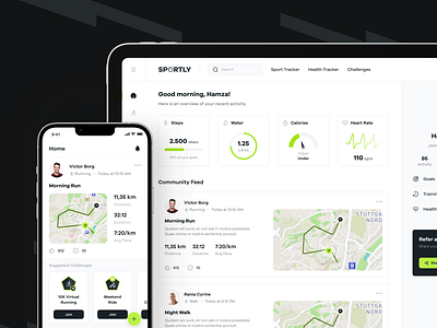 Sportly - Sport & Fittech App UI Kit app challenges chart community dashboard design feed fitness health homescreen lifestyle mobile modern run sport tracker trainer ui ux workout