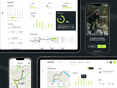 Sportly - Overview, Onboarding, Record and Walking Activities activity app design fitness graph health lifestyle map mobile modern onboarding overview run sport statistics tracker trainer ui ux workout