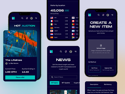 Netfly - NFT Marketplace Mobile Responsive App app art auction bitcoin clean coin crypto currency design eth finance metaverse minimal mobile news nft responsive ui upload ux web3