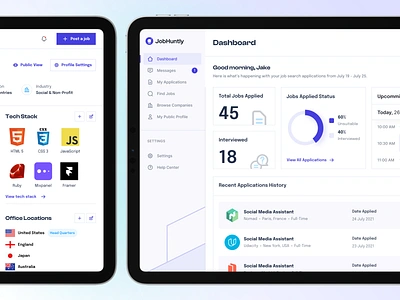 Jobhuntly - Applicant Dashboard agency app applicant business clean company company profile dashboard design employment hire interviews job job finder job seeker minimal recruit statistics ui ux