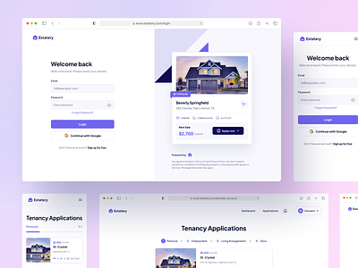 Estatery - Login & Create Account app architecture business design home house landing page login minimal mobile modern onboarding properties real estate rent sign up step ui ux website
