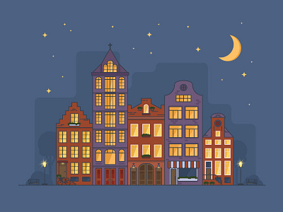 Amsterdam Bright Night amsterdam architecture buildings city flat illustrator light moon night street town vector
