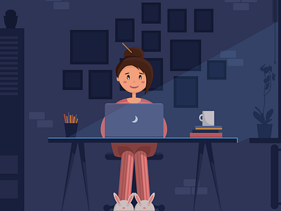 Freelancer time chatting freelance freelancer home home office illustrator night pijama work workplace writer
