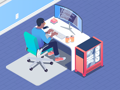 Fast Time Illustration can chair code coder computer desktop fast food home illustration isometric keyboard man office soda