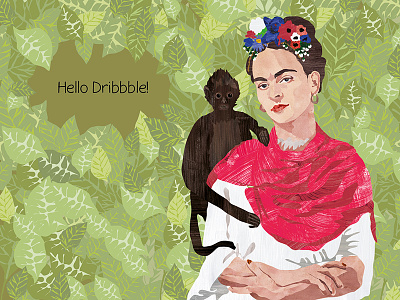 Hello Dribbble character debut design digital drawing frida illustration kahlo painting portrait woman