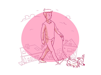 Walking the dog air city dog drawing fresh illustration line man pink sketch sky walking